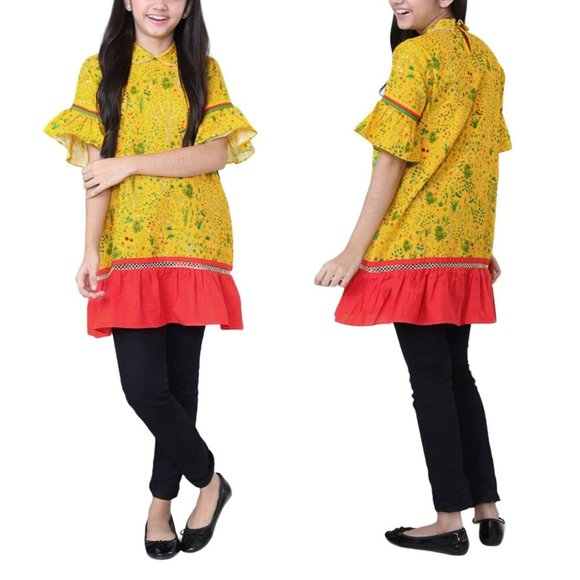 MAK Girl Yellow Red Mini Dress 12 13 Floral Pineapple Ruffle Lace Collared Mesh - Picture 1 of 12